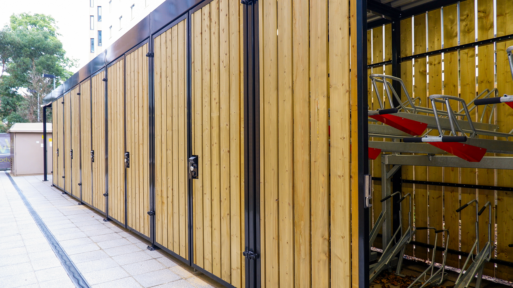 compact timber cubic bike store ealing