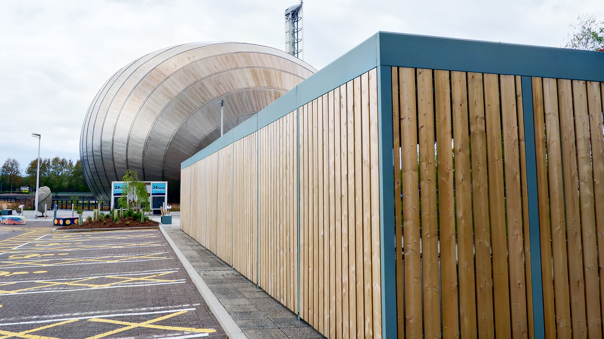 bike parking hub timber clad glasgow science centre