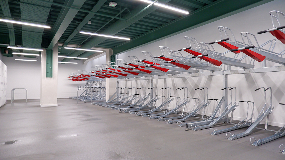 two tier bike racks in office basement